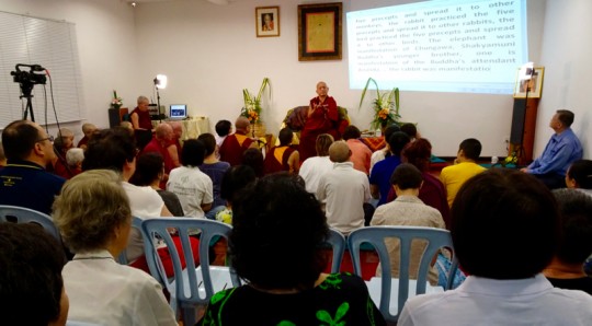 Rinpoche giving a talk at Kasih Hospice, Kuala Lumpur, Malaysia, April 2016. Photo by Ven. Roger Kunsang.