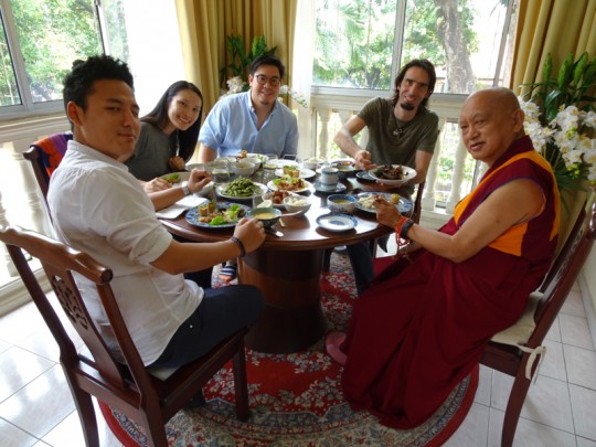 Lama Zopa Rinpoche having lunch with (from right) Tenzin Osel Hita, Chung Han and his wife,  and Gomo Tulku, Kuala Lumpur, Malaysia, April 2016. Photo by Ven. Roger Kunsang.