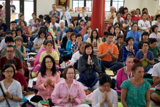 Students during the Great Medicine Buddha initiation, Rinchen Jangsem Ling, April 2016. Photo by Bill Kane.
