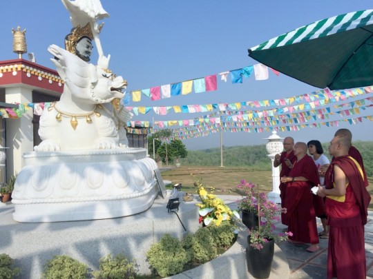 Lama Zopa Rinpoche touring the grounds around the gompa at Rinchen Jangsem Ling, which include white beautiful marble statues, like the pictures Dzambala, Malaysia, April 2016. Photo by Ven. Roger Kunsang.