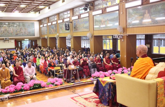 Lama Zopa Rinpoche during public teaching organized by Cham Tse Ling at Buddhist Wong Fung Ling College, Hong Kong, May 2016. Photo by Ven. Lobsang Sherab.