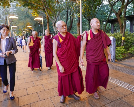 Lama Zopa Rinpoche getting some exercise in a park with (from left) Esther Ngai, Ven. Tenzin Pemba, Ven. Holly Ansett and Ven. Thubten Tendar, Hong Kong, April 2016. Photo by Ven. Roger Kunsang.