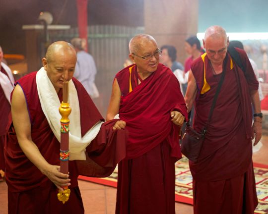 Lama Zopa Rinpoche arriving at Chokyi Gyaltsen Center, with resident teachers Geshe Deyang and Ven. Roger Kunsang, Panang, Malaysia, March 2016. Photo by Bill Kane.