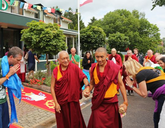 Lama Zopa Rinpoche with attendant Ven. Sangpo Sherpa at Maitreya Instituut Loenen, July 2015.  Photo by Ven. Thubten Kunsang.