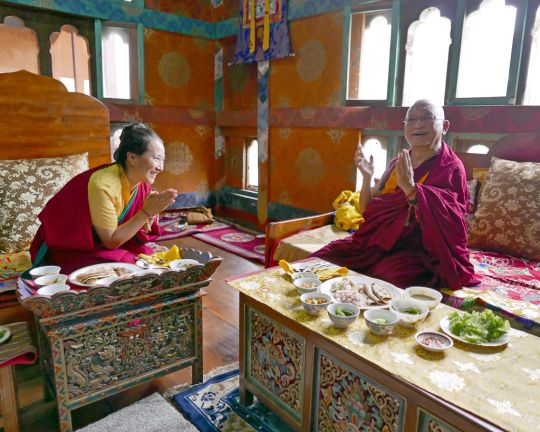 Lama Zopa Rinpoche and Khadro-la enjoying lunch together in Bhutan, May 2016. Photo by Ven. Roger Kunsang.