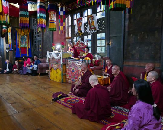 Rinpoche and Khadro-la doing tsog at Kyichu Lhakhang, Bhutan, May 2016. Photo by Ven. Roger Kunsang. 