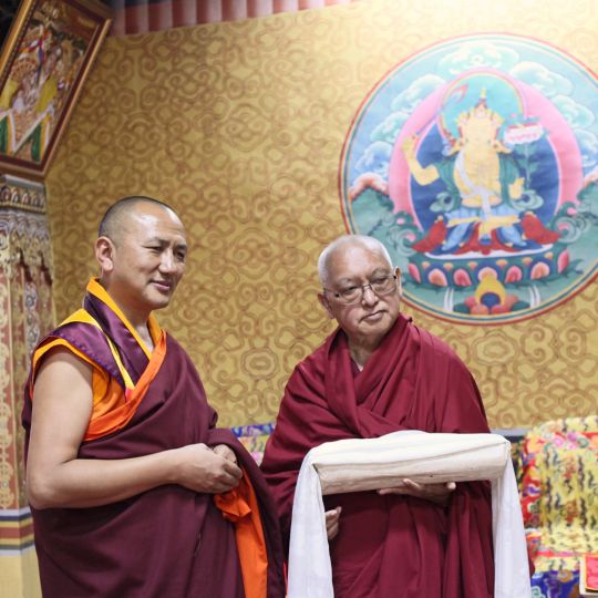 Lama Zopa Rinpoche with  Abbott Lopen Sangay Dorji at Tashichö Dzong,  Thimphu, Bhutan, June 2016. Photo by Ven. Lobsang Sherab.