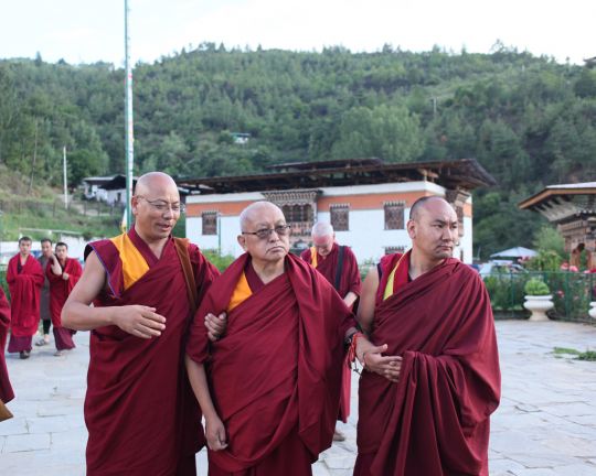 Lama Zopa Rinpoche visiting Simtokha Dzong with Geshe Tenzin Khenrab and Ven. Thubten Tendar, Thimphu, Bhutan, June 2016. Photo by Ven. Lobsang Sherab.