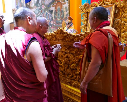 Lama Zopa Rinpoche touring the inside of the Buddha Dordenma statue, Thimphu, Bhutan, June 2016. Photo by Ven. Roger Kunsang.
