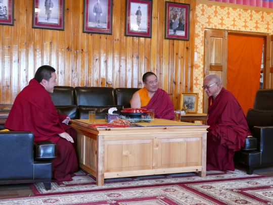 Lama Zopa Rinpoche with Dilgo Khyentse Yangsi Rinpoche and Shechen Rabjam Rinpoche at Satsam Chorten, Bhutan, June 2016. Photo by Ven. Roger Kunsang.