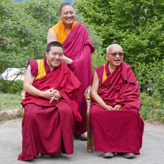Lama Zopa Rinpoche with Dilgo Khyetnse Yangsi Rinpoche and Rabjam Rinpoche at Satsam Chorten, Bhutan, June 2016. Photo by Ven. Roger Kunsang.