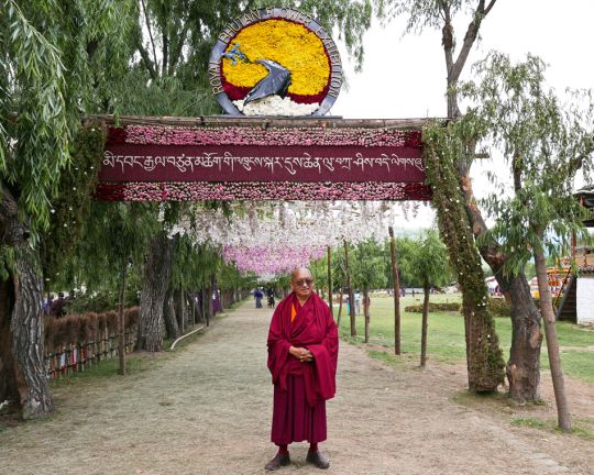 Lama Zopa Rinpoche at the flower show in Paro, Bhutan, June 2016. Photo by Ven. Roger Kunsang.