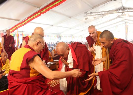His Holiness the Dalai Lama and Lama Zopa Rinpoche, Pomaia, Italy, June 2014. Photo by Ven. Thubten Kunsang.