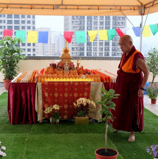 Lama Zopa Rinpoche circumambulates his rootop veranda altar, Taiwan, May 2016. Photo by Ven. Lobsang Sherab.