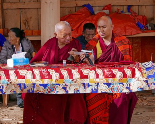 Lama Zopa Rinpoche with Ven. Thubten Tendar doing an incense puja at Dongkarla Lhakhang, Bhutan, June 2016. Photo by Ven. Roger Kunsang.