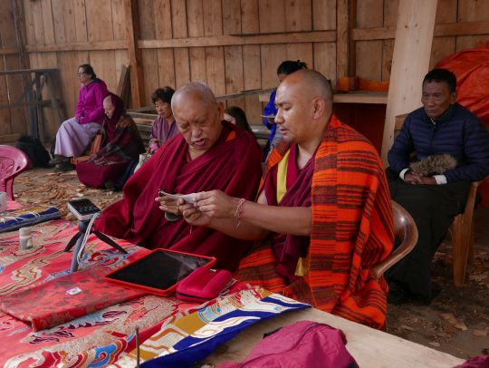 Lama Zopa Rinpoche with Ven. Thubten Tendar offering an incense puja at Dongkarla Lhakhang, Bhutan, June 2016. Photo by Ven. Roger Kunsang.