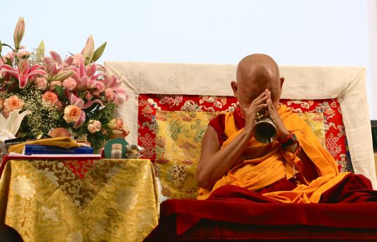 Lama Zopa Rinpoche teaching at the Light of the Path Retreat, May 2014, Black Mountain, North Carolina, US. Photo by Ven. Thubten Kunsang.