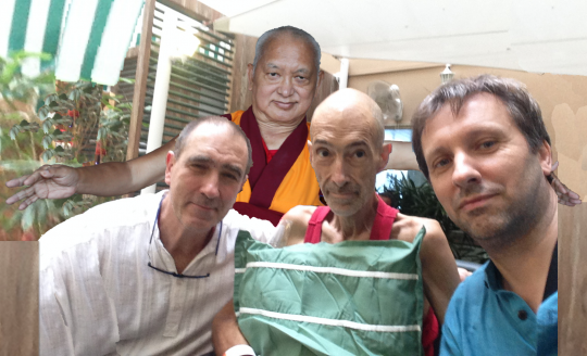 Lama Zopa Rinpoche added to a photo of Emile, Ven. Kunsang and Jean Yves, India