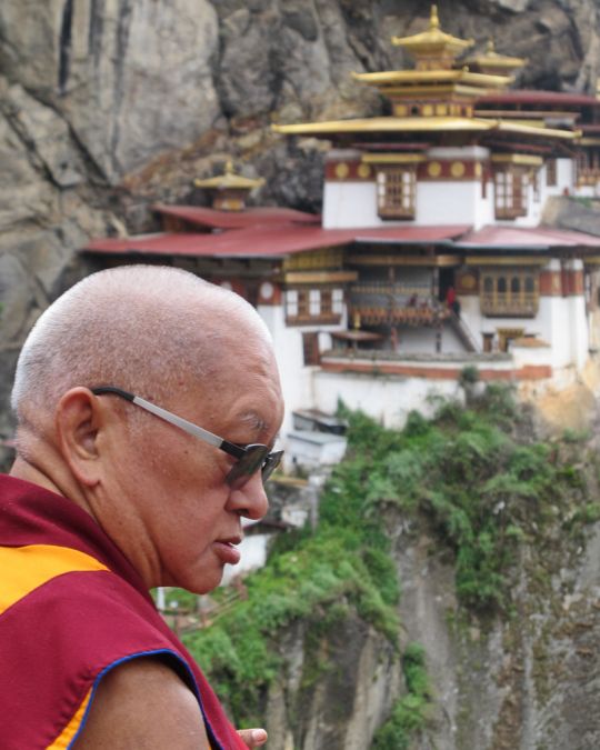 Lama Zopa Rinpoche at Taktsang (Tiger's Nest) Monastery in Bhutan, June 2016. Photo by  Damien van Effenterre.
