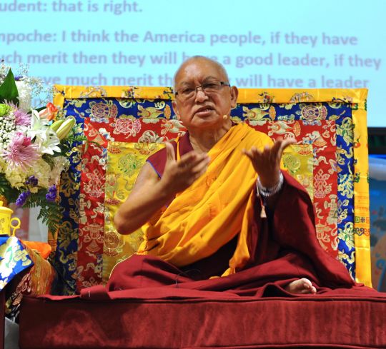 Lama Zopa Rinpoche teaching at Light of the Path Retreat in Black Mountain, North Carolina, US, August 2016. Photo by Ven. Lobsang Sherab.
