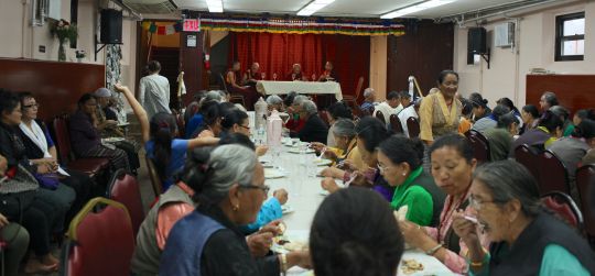 Lama Zopa Rinpoche having lunch with the members of he Himalayan Elders Project, New York, US, August 2016. Photo by Ven. Roger Kunsang.