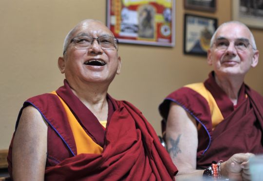 Lama Zopa Rinpoche with his attendant Ven. Roger Kunsang, Washington State, USA, September 2016.  Photo by Ven. Lobsang Sherab.