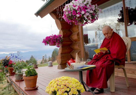 Lama Zopa Rinpoche praying at Buddha Amitabha Pure Land, Washington State, September 2016. Photo by Ven. Lobsang Sherab.
