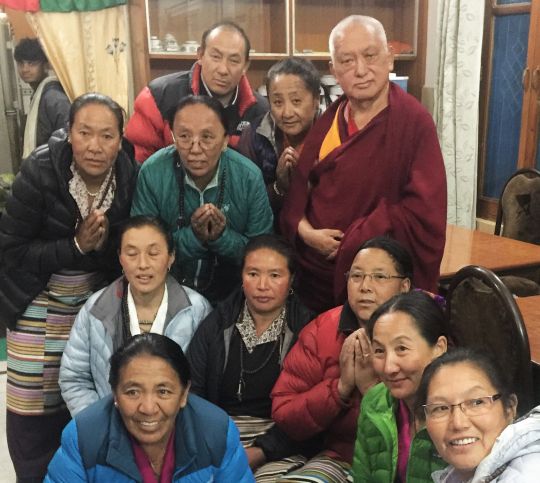 Lama Zopa Rinpoche visits with some Sherpa pilgrims, Tsopema, India, February 2016.  Photo by Ven. Roger Kunsang.