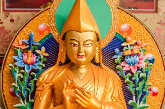 Lama Tsongkhapa statue at Lama Zopa Rinpoche’s residence, Kachoe Dechen Ling, Aptos, California. Lama Tsongkhapa (1357–1419) is the founder of the Gelugpa school of Tibetan Buddhism. Je Tsongkhapa’s Lamrim Chenmo or The Great Treatise on the Stages of the Path is one of the most renowned Tibetan Buddhist classics. Photo by Chris Majors.