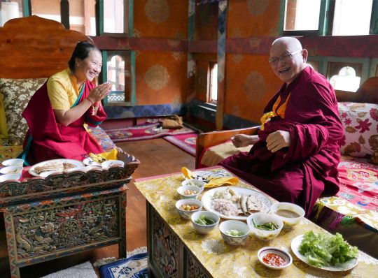 Rinpoche has lunch with Khandro-la in Bhutan, May 2016. Photo by Ven. Roger Kunsang.