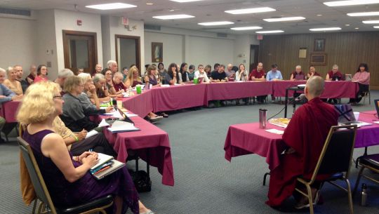 FPMT registered teacher Ven. Amy Miller talks to the attendees of the North American Regional Meeting 2016, Black Mountain, North Carolina, US, August 2016. Photo courtesy of Drolkar McCallum.