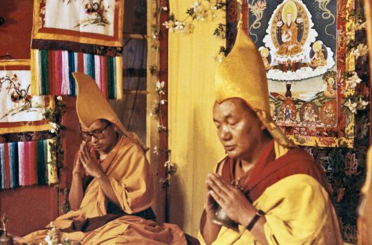 Lama Zopa Rinpoche and Lama Yeshe conducting a long life puja at end of First Enlightened Experience Celebration, Tushita Meditation Centre, Dharamsala, India, May 1982. Photo courtesy of Lama Yeshe Wisdom Archive.
