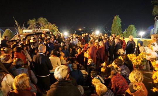 Going to the stupa one evening, Lama Zopa Rinpoche bumped into a few people and an impromptu teaching on the benefits of Namgyalam mantra. Kopan Monastery, November 2016. Photo by Ven. Lobsang Sherab.