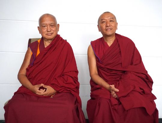 Lama Zopa Rinpoche with the new abbot of Sera Je Monastery, Ven. Choesang Rinpoche. 