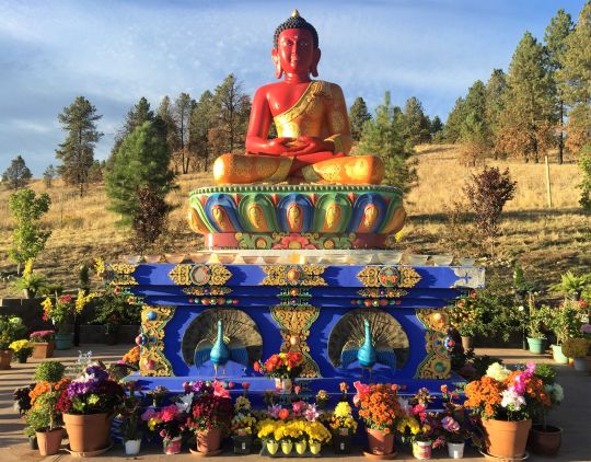 Amitabha Buddha Statue with flower offerings, Buddha Amitabha Pure Land, Washington State, USA, October 2016.