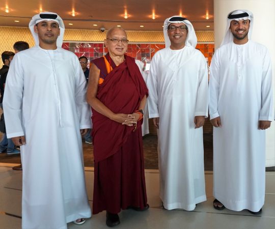 Lama Zopa Rinpoche meets some new friends in Abu Dhabi, United Arab Emirates, on his way to Nepal, November 2016. Photo by Ven. Lobsang Sherab.