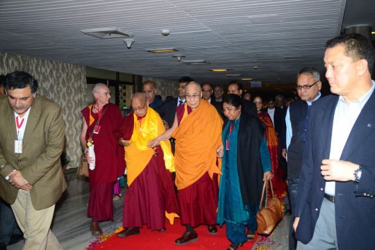His Holiness the Dalai Lama, with Lama Zopa Rinpoche, FPMT CEO Ven. Roger Kunsang, and Prof. Renuka Singh, Dharma Celebration, New Delhi, India, December 2016. Photo by Subhash.