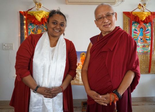 Lama Zopa Rinpoche with FPMT India National Coordinator Deethy Shekhar  in Bangalore, India, December 2016. Photo by Ven. Sherab. 