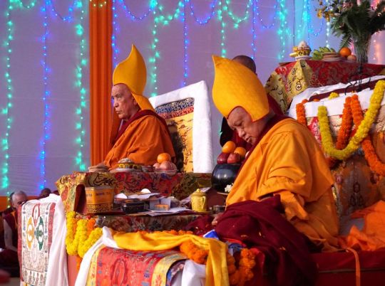 Jangtse Chöje Rinpoche and Lama Zopa Rinpoche during the long life puja offered to Lama Zopa Rinpoche on July 2, Bodhgaya. Photo by Ven. Sherab. 