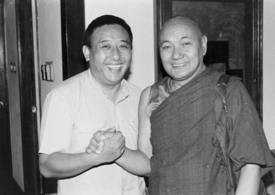 Gelek Rinpoche with Lama Yeshe at Rinpoche's house. Lama Yeshe would go there to buy texts. Photo courtesy of Lama Yeshe Wisdom Archive.
