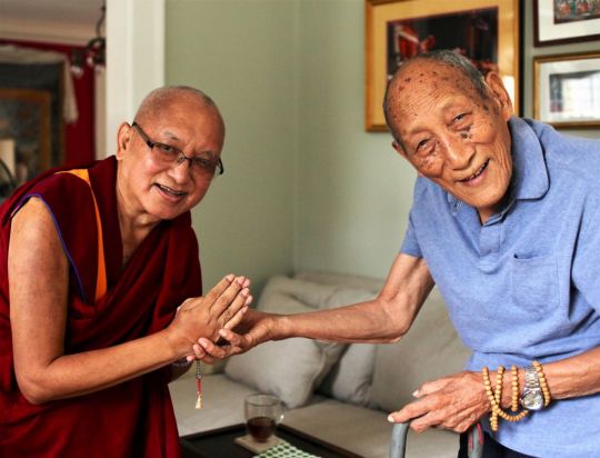 Lama Zopa Rinpoche visiting Khyongla Rato Rinpoche on Chokhor Duchen to respectfully make offerings to his Guru. New York, USA, August 2016. Photo by Ven. Lobsang Sherab.