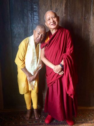 Lama Zopa Rinpoche and Ven. Max Mathews, Thubten Norbu Ling, Santa Fe, New Mexico, US, August 2017. Photo courtesy of Thubten Norbu Ling.