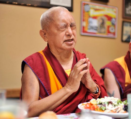 Lama Zopa Rinpoche blessing and offering food, Omak, Washington, US, August 2017. Photo by Ven. Lobsang Sherab.