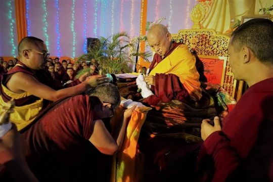 Guru Puja with tsog on Maitreya land, offered by Kopan monks and nuns, as well as Kopan monks from Sera, Sangha from Tsum, and Western students. Khadro-la also attended. Bodhgaya, India, January, 2017. Photo by Ven. Lobsang Sherab