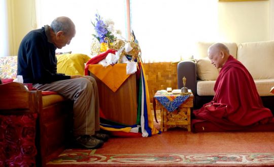 Lama Zopa Rinpoche with one of his teachers, Rato Rinpoche, Sera Je Monastery, India, January 2016. Photo by Ven. Roger Kunsang.