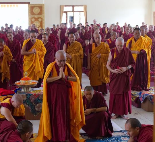 Lama Zopa Rinpoche doing prostrations before giving Hayagriva oral transmissions, Drati Khangsten, Sera Je Monastery, Bylakuppe, India, November 2017. Photo by Ven. Lobsang Sherab.