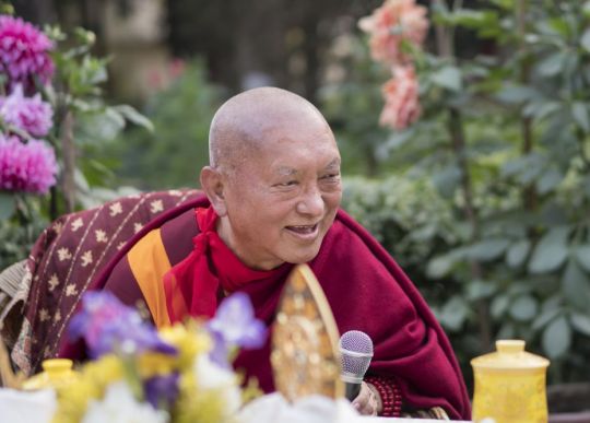 Lama Zopa Rinpoche during Root Institute’s thirtieth anniversary celebration, Bodhgaya, India, January 2018. Photo by Ven. Lobsang Sherab.