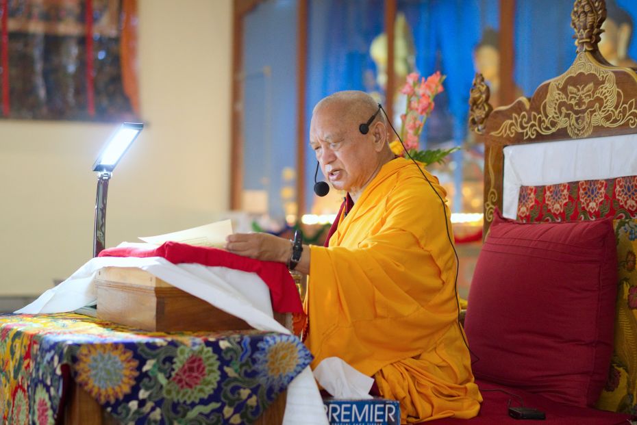 Lama Zopa Rinpoche offering Most Secret Hayagriva oral transmissions, Drati Khangtsen, Sera Je Monastery, Bylakuppe, India, November 2017.  Photo by Ven. Lobsang Sherab.