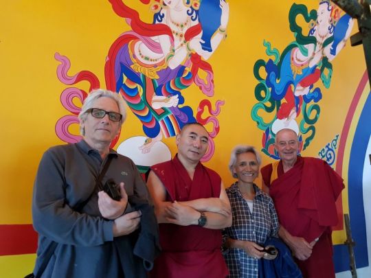 Peter Iseli, Ven. Lobsang Konchok, Jangchub Iseli, and Ven. Thubten Gyatso at The Great Stupa, Bendigo, Australia, February 2018. Photo courtesy of Ian Green's Twitter page.