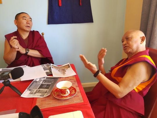 Lama Zopa Rinpoche and Ven. Lobsang Konchok discussing artwork for The Great Stupa, Bendigo, Australia, April 2018. Photo courtesy of Ian Green's Twitter page.